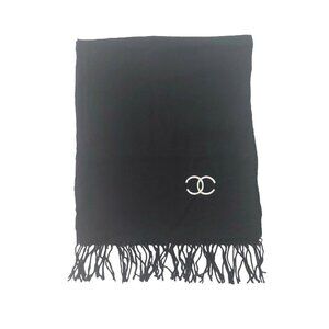 CHANEL Luxury Vintage Black Wool Winter Scarf Scarves Embroidered CC Logo Wrap
